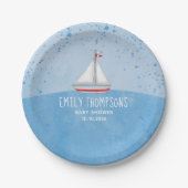 ブルー男の赤ちゃん水彩帆船シャワーカスタム ペーパープレート (正面)