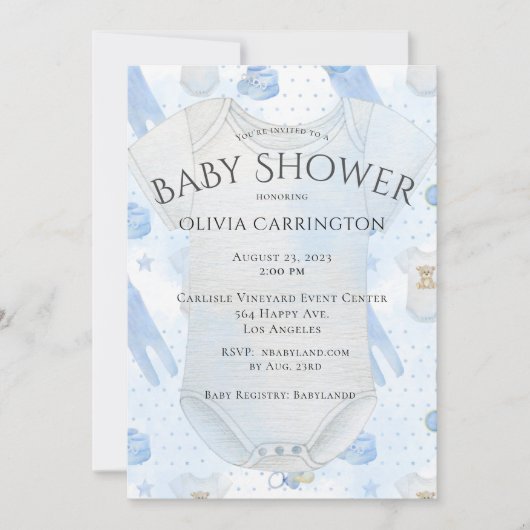 ブルー男の赤ちゃん水彩赤ちゃんシャワー 招待状 (正面)