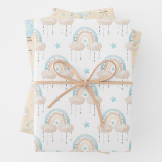 ブルー男の赤ちゃん熱気球と虹 ラッピングペーパーシート (インサイチュ)