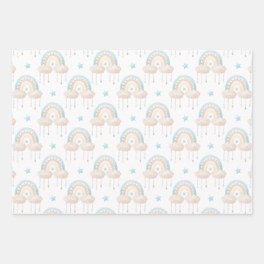 ブルー男の赤ちゃん熱気球と虹 ラッピングペーパーシート (正面)