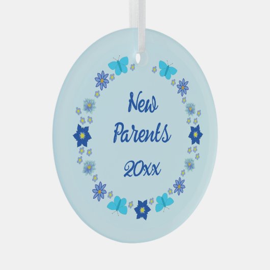 ブルー男の赤ちゃん蝶と花のカスタム ガラスオーナメント (正面右)
