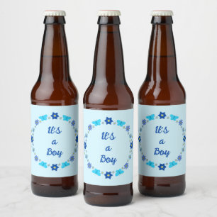 ブルー男の赤ちゃん蝶と花のカスタム ビールラベル