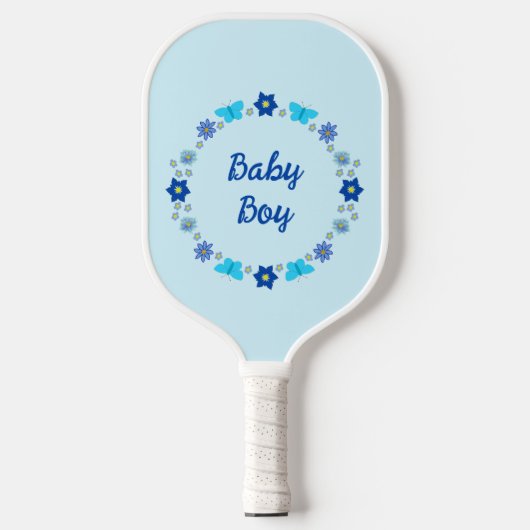 ブルー男の赤ちゃん蝶と花のカスタム ピックルボールラケット (正面)