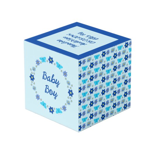 ブルー男の赤ちゃん蝶と花のカスタム フォトキューブ (裏面アングル)