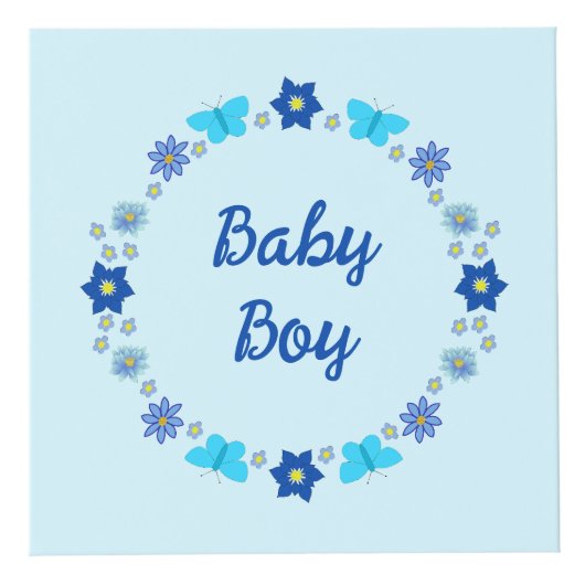 ブルー男の赤ちゃん蝶と花のカスタム フォトキューブ (正面)