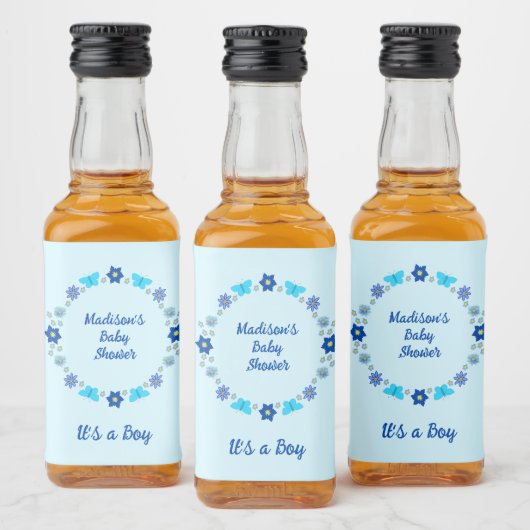 ブルー男の赤ちゃん蝶と花のカスタム リキュールボトルラベル (ボトル)