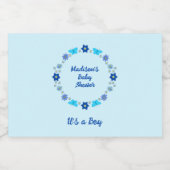 ブルー男の赤ちゃん蝶と花のカスタム リキュールボトルラベル (シングルラベル)