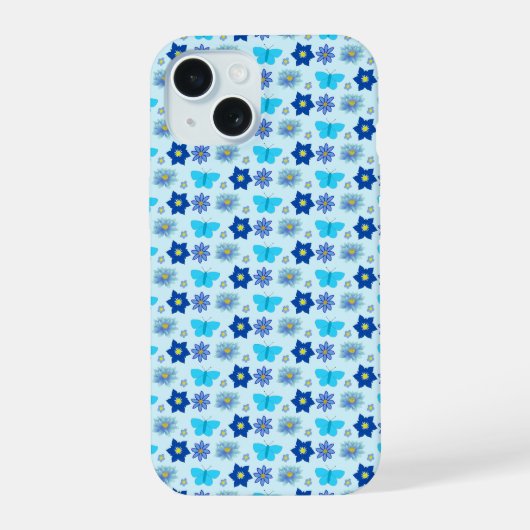 ブルー男の赤ちゃん蝶と花パターン（の模様が）ある iPhone 15ケース (裏面)