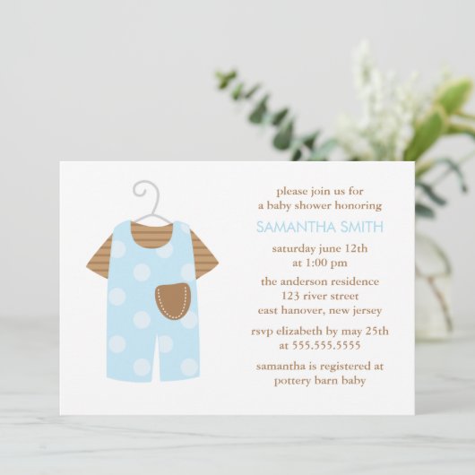 ブルー男の赤ちゃん衣装ベビーシャワー 招待状 (スタンド正面)