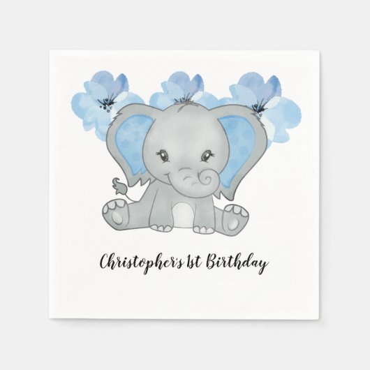 ブルー男の赤ちゃん象フラワーズ誕生日 スタンダードカクテルナプキン (正面)
