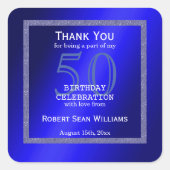 ブルー男らし&グリッターフレーム50誕生日 スクエアシール (正面)