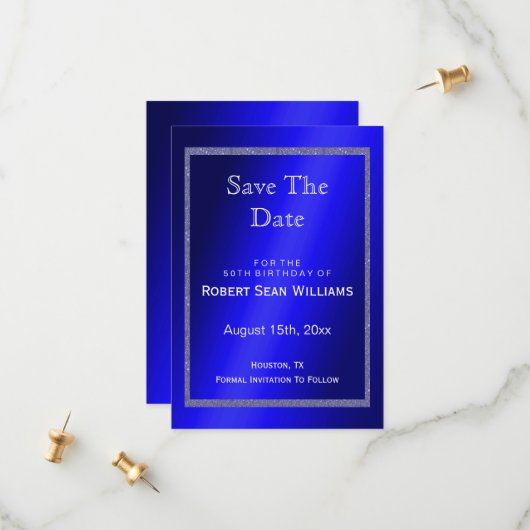 ブルー男らし&グリッターフレーム50誕生日 セーブザデート (正面/裏面インサイチュ)