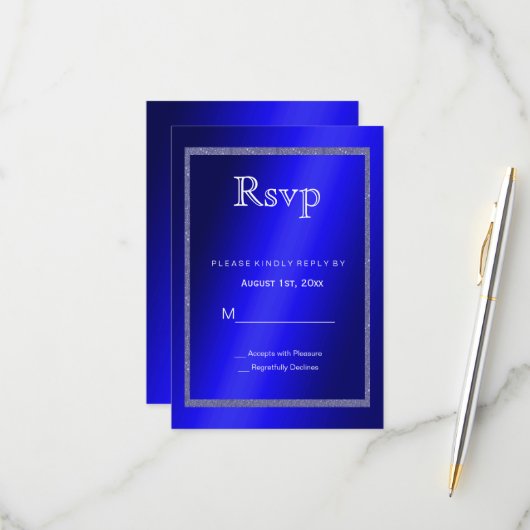 ブルー男らし&グリッターフレーム50誕生日 出欠カード (正面/裏面インサイチュ)