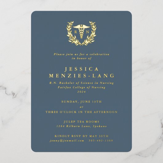 ブルー登録ナースカドゥセウス+ローレルリース 箔招待状 (正面)