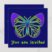 ブルー白熱［赤熱］光を放つバタフライ招待状 招待状 (正面/裏面)