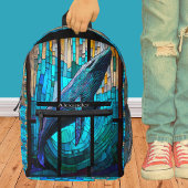 ブルー白黒オルカホエールステイングラスルック プリントバックパック