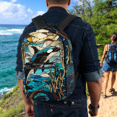 ブルー白黒オルカホエールステイングラスルック プリントバックパック