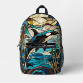 ブルー白黒オルカホエールステイングラスルック プリントバックパック (正面)