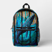 ブルー白黒オルカホエールステイングラスルック プリントバックパック (正面)