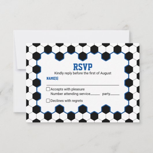 ブルー白黒サッカーボールバー（ユダヤ教の）バル・ミツバー 出欠カード (正面)