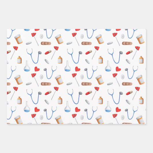 ブルー白黒ドクターナース機器ギフト ラッピングペーパーシート (正面3)