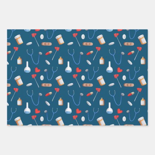 ブルー白黒ドクターナース機器ギフト ラッピングペーパーシート (正面)