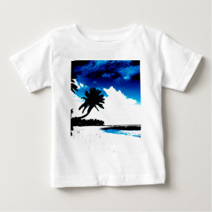 ブルー白黒パームツリーシルエット ベビーTシャツ