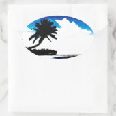 ブルー白黒パームツリーシルエット 楕円形シール (バッグ)