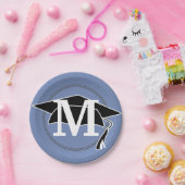 ブルー白黒卒業キャップモノグラムイニシャル ペーパープレート (パーティー)