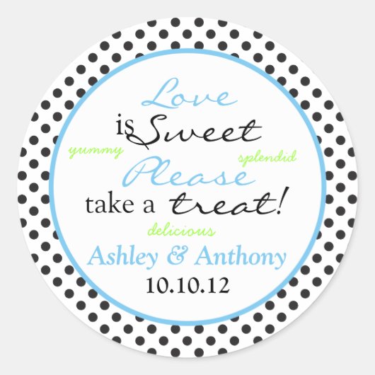 ブルー白黒水玉模様キャンディビュッフェスティッカー ラウンドシール (正面)