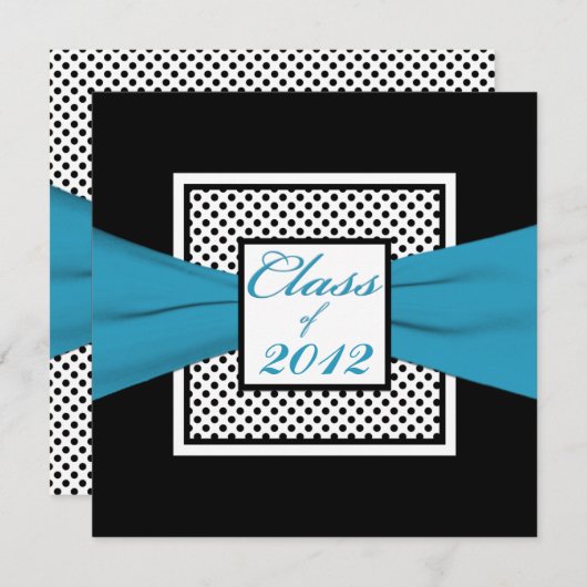 ブルー白黒水玉模様写真卒業 招待状 (正面/裏面)