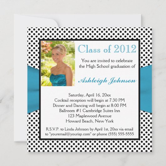ブルー白黒水玉模様写真卒業 招待状 (裏面)
