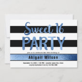 ブルー白黒sweet sixteen誕生日パーティー 招待状 (正面)