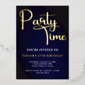 ブルー祝で誕生日の時間 箔招待状 (正面)