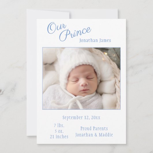 ブルー私たちのプリンスフォトボーイベビー誕生発表 案内状 (正面)