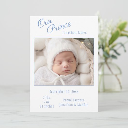 ブルー私たちのプリンスフォトボーイベビー誕生発表 案内状 (スタンド正面)