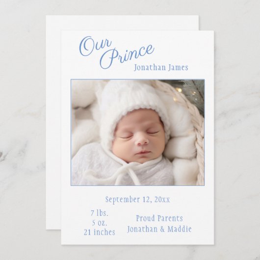ブルー私たちのプリンスフォトボーイベビー誕生発表 案内状 (正面/裏面)