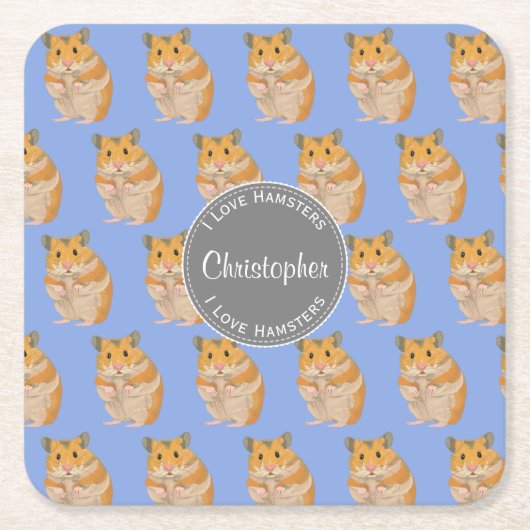 ブルー私はハムスターのハムスターのパターンが大好き スクエアペーパーコースター (正面)
