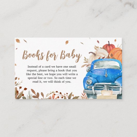 ブルー秋カボチャートラック赤ちゃんシャワーブックベビー エンクロージャーカード (正面)