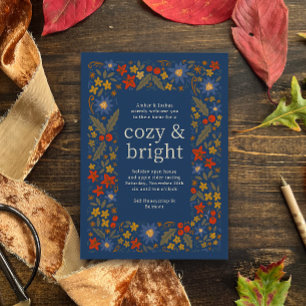 ブルー秋フォークシーフローラフレーム秋パーティー 招待状