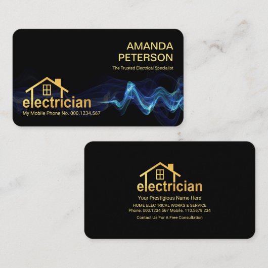 ブルー稲妻金ゴールドエレクトリシアンホーム 名刺 (正面/裏面)