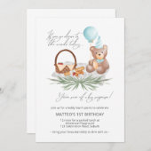 ブルー第1バースデーテディベアピクニックバルーン 招待状 (正面/裏面)