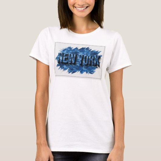 ブルー系ニューヨークの立体的な文字デザイン Tシャツ (正面)