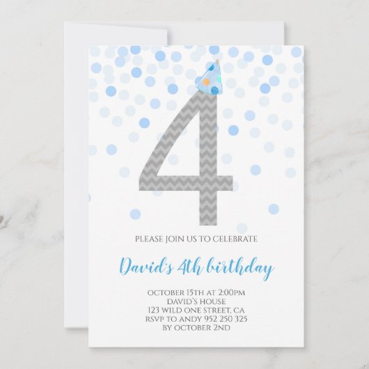 ブルー紙吹雪ボーイパーティー4歳の誕生日 招待状 (正面)