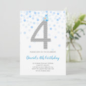 ブルー紙吹雪ボーイパーティー4歳の誕生日 招待状 (スタンド正面)