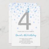 ブルー紙吹雪ボーイパーティー4歳の誕生日 招待状 (正面/裏面)