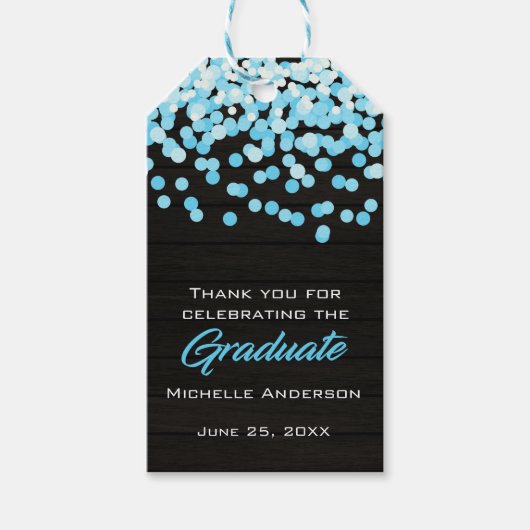 ブルー紙吹雪大学院生サンキューエクセレーションラベル ギフトタグ (正面)