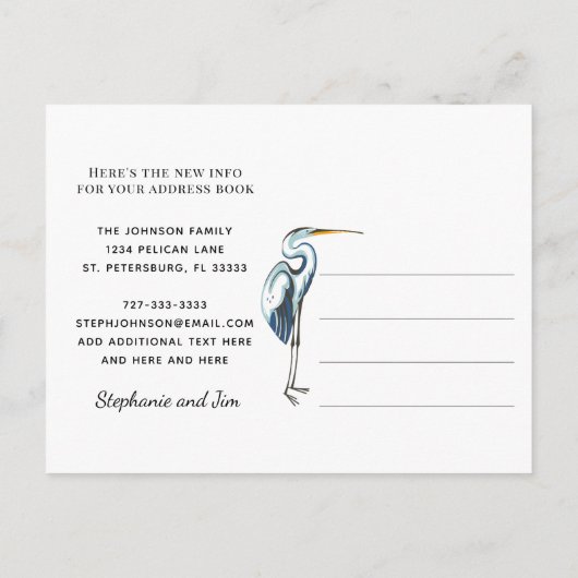 ブルー素晴らしヘロンウォーターフロント新しいアドレス 案内ポストカード (裏面)