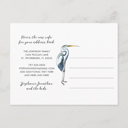 ブルー素晴らしヘロンウォーターフロント新しいアドレス 案内ポストカード (裏面)