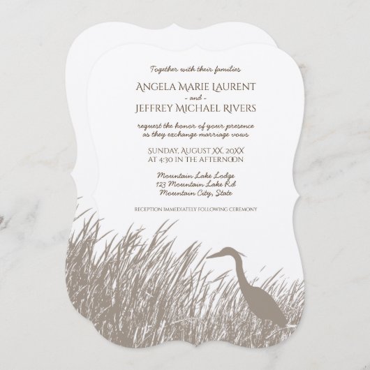 ブルー素晴らしヘロンシルエット素朴結婚性の 招待状 (正面/裏面)